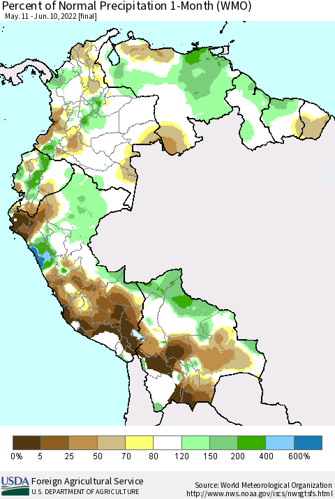 Northern South America Percent of Normal Precipitation 1-Month (WMO) Thematic Map For 5/11/2022 - 6/10/2022