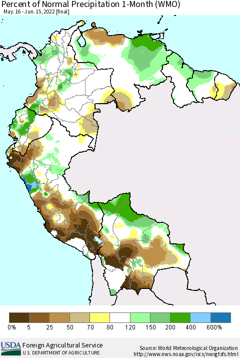 Northern South America Percent of Normal Precipitation 1-Month (WMO) Thematic Map For 5/16/2022 - 6/15/2022