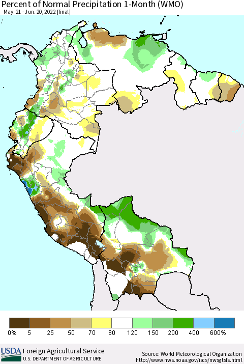 Northern South America Percent of Normal Precipitation 1-Month (WMO) Thematic Map For 5/21/2022 - 6/20/2022