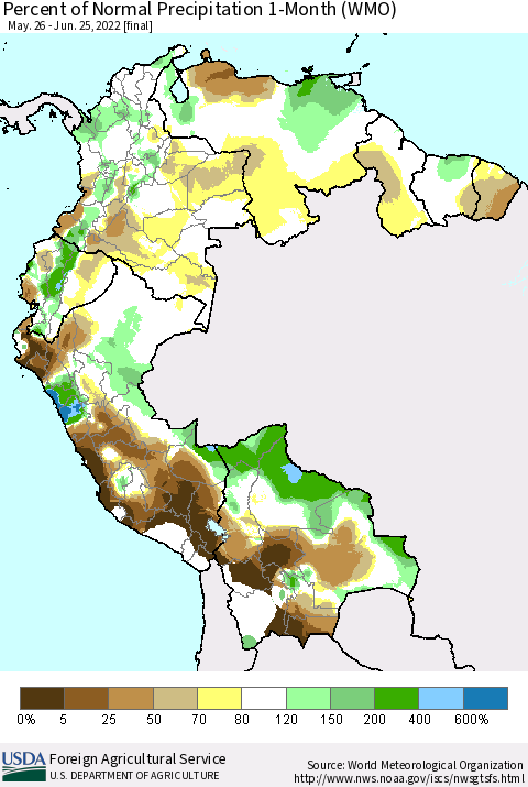 Northern South America Percent of Normal Precipitation 1-Month (WMO) Thematic Map For 5/26/2022 - 6/25/2022
