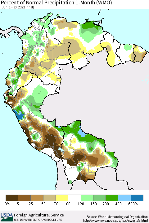 Northern South America Percent of Normal Precipitation 1-Month (WMO) Thematic Map For 6/1/2022 - 6/30/2022