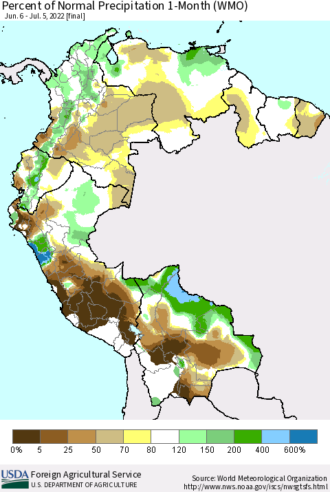Northern South America Percent of Normal Precipitation 1-Month (WMO) Thematic Map For 6/6/2022 - 7/5/2022