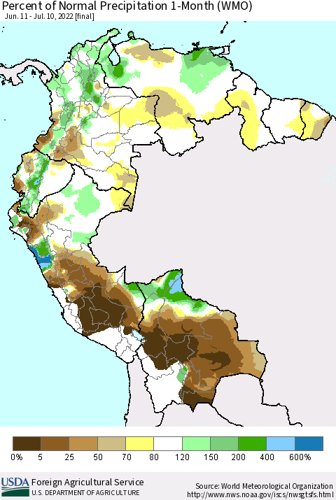 Northern South America Percent of Normal Precipitation 1-Month (WMO) Thematic Map For 6/11/2022 - 7/10/2022