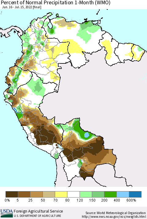 Northern South America Percent of Normal Precipitation 1-Month (WMO) Thematic Map For 6/16/2022 - 7/15/2022
