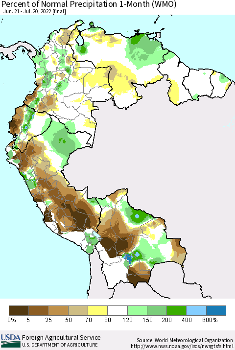 Northern South America Percent of Normal Precipitation 1-Month (WMO) Thematic Map For 6/21/2022 - 7/20/2022