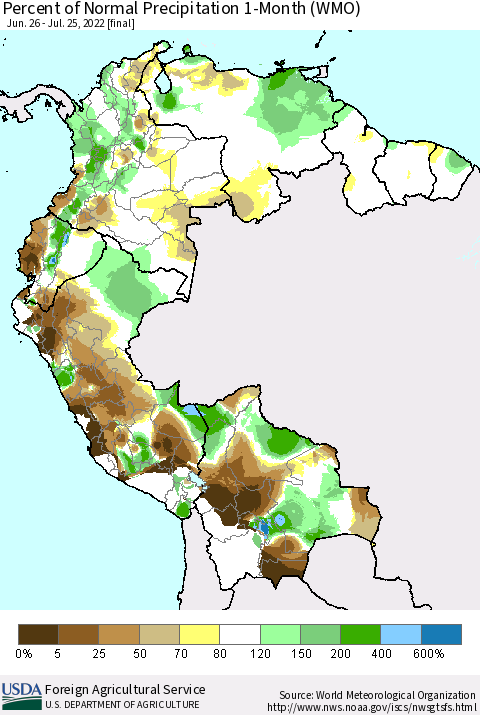 Northern South America Percent of Normal Precipitation 1-Month (WMO) Thematic Map For 6/26/2022 - 7/25/2022