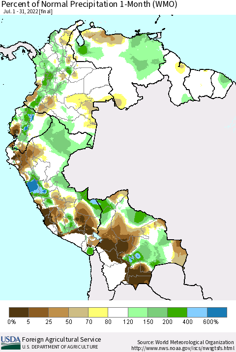 Northern South America Percent of Normal Precipitation 1-Month (WMO) Thematic Map For 7/1/2022 - 7/31/2022