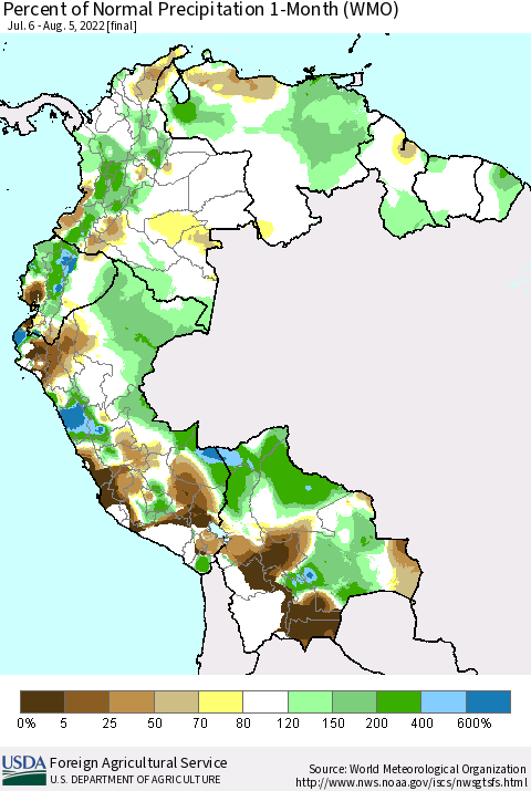 Northern South America Percent of Normal Precipitation 1-Month (WMO) Thematic Map For 7/6/2022 - 8/5/2022
