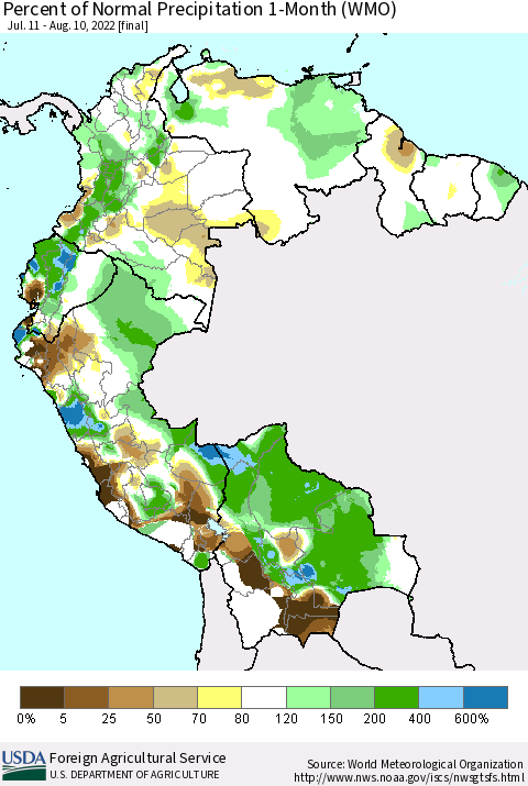 Northern South America Percent of Normal Precipitation 1-Month (WMO) Thematic Map For 7/11/2022 - 8/10/2022