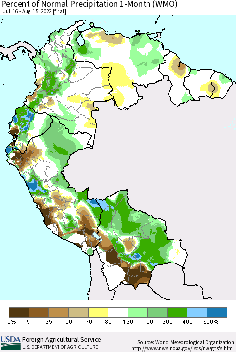 Northern South America Percent of Normal Precipitation 1-Month (WMO) Thematic Map For 7/16/2022 - 8/15/2022