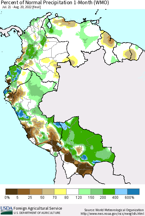 Northern South America Percent of Normal Precipitation 1-Month (WMO) Thematic Map For 7/21/2022 - 8/20/2022