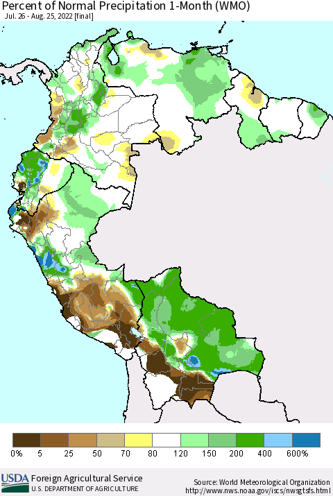 Northern South America Percent of Normal Precipitation 1-Month (WMO) Thematic Map For 7/26/2022 - 8/25/2022
