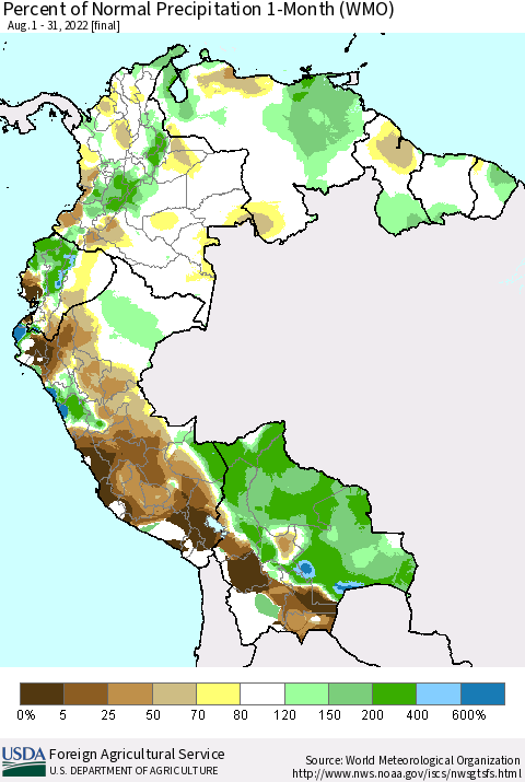 Northern South America Percent of Normal Precipitation 1-Month (WMO) Thematic Map For 8/1/2022 - 8/31/2022