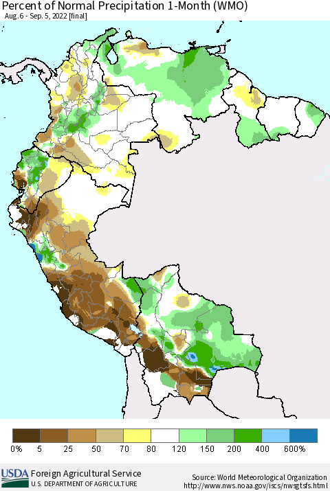 Northern South America Percent of Normal Precipitation 1-Month (WMO) Thematic Map For 8/6/2022 - 9/5/2022