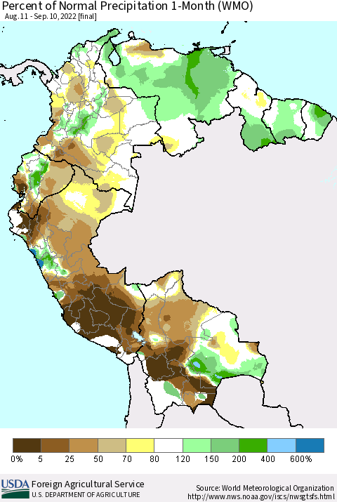 Northern South America Percent of Normal Precipitation 1-Month (WMO) Thematic Map For 8/11/2022 - 9/10/2022