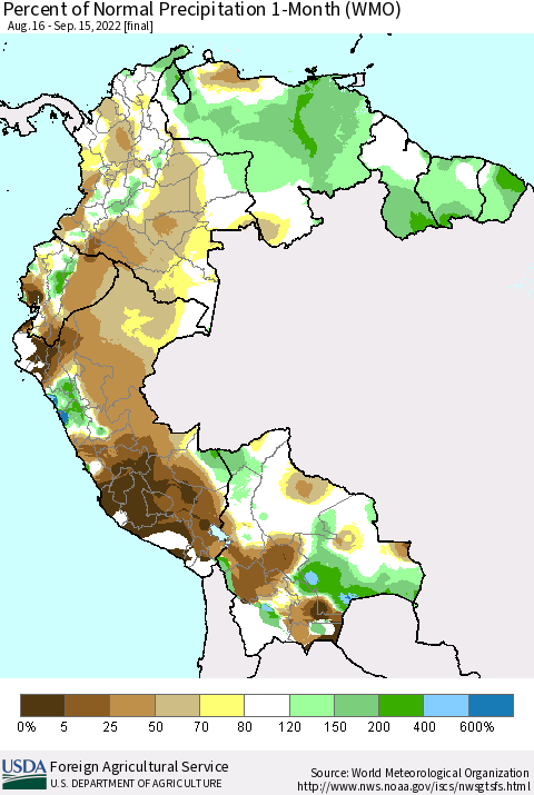 Northern South America Percent of Normal Precipitation 1-Month (WMO) Thematic Map For 8/16/2022 - 9/15/2022