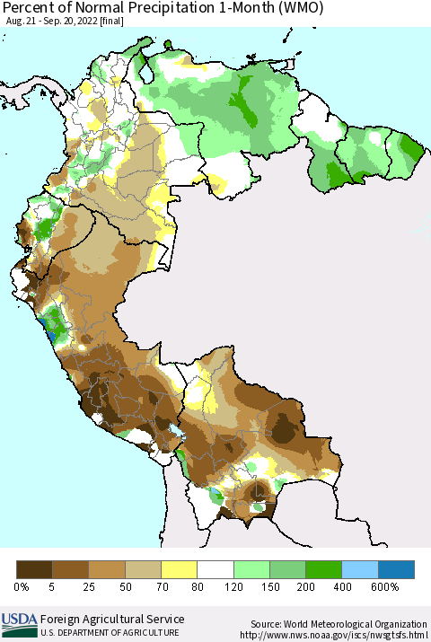 Northern South America Percent of Normal Precipitation 1-Month (WMO) Thematic Map For 8/21/2022 - 9/20/2022
