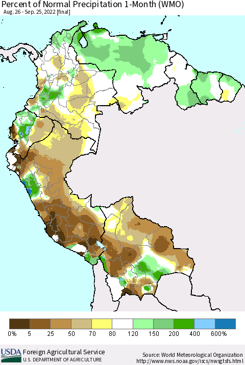Northern South America Percent of Normal Precipitation 1-Month (WMO) Thematic Map For 8/26/2022 - 9/25/2022