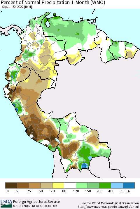 Northern South America Percent of Normal Precipitation 1-Month (WMO) Thematic Map For 9/1/2022 - 9/30/2022