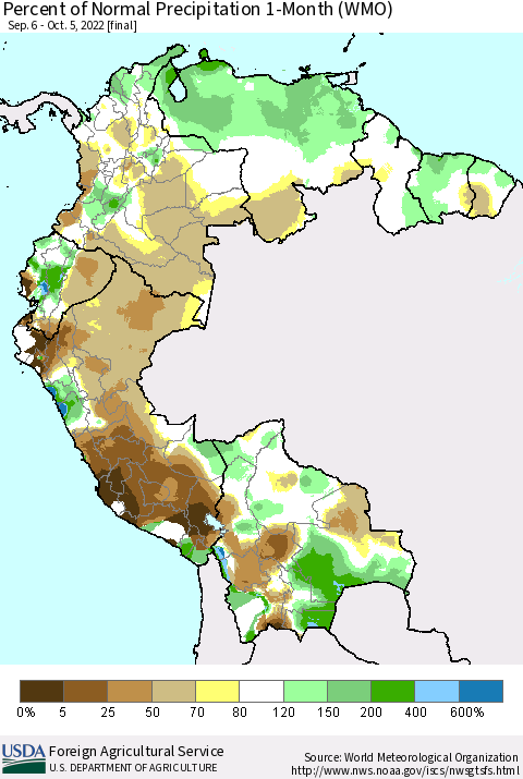 Northern South America Percent of Normal Precipitation 1-Month (WMO) Thematic Map For 9/6/2022 - 10/5/2022
