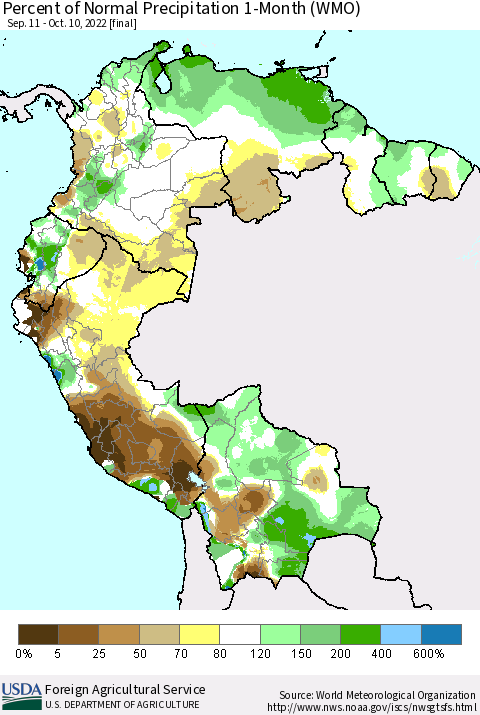 Northern South America Percent of Normal Precipitation 1-Month (WMO) Thematic Map For 9/11/2022 - 10/10/2022