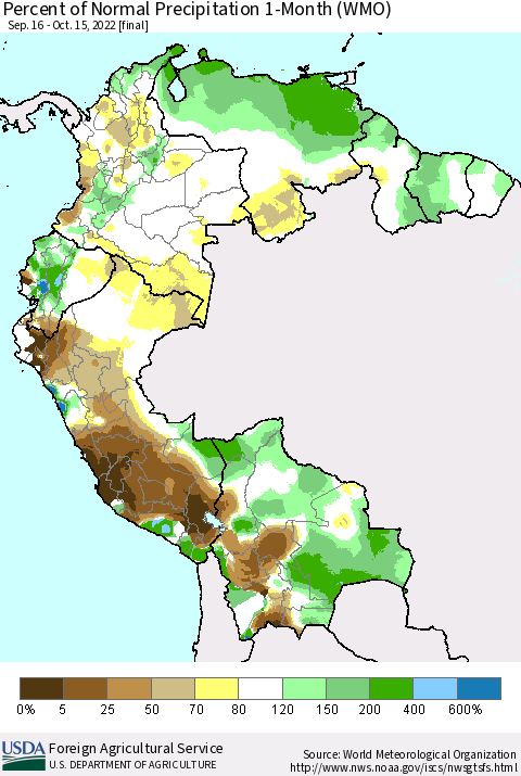 Northern South America Percent of Normal Precipitation 1-Month (WMO) Thematic Map For 9/16/2022 - 10/15/2022