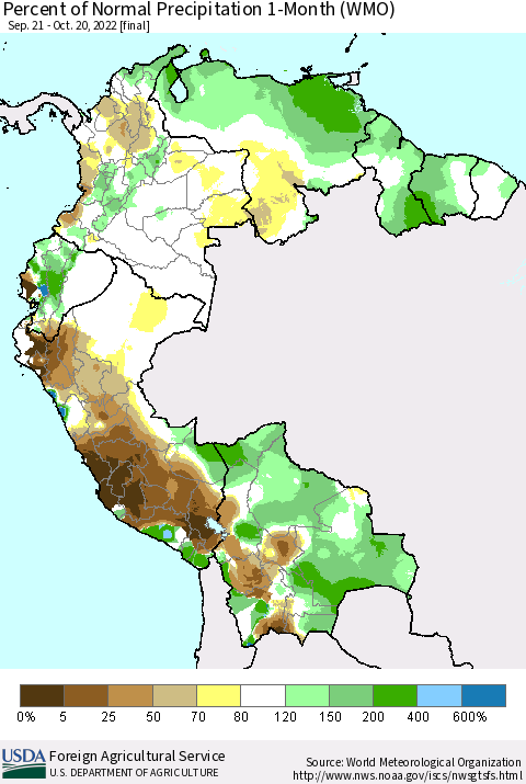 Northern South America Percent of Normal Precipitation 1-Month (WMO) Thematic Map For 9/21/2022 - 10/20/2022