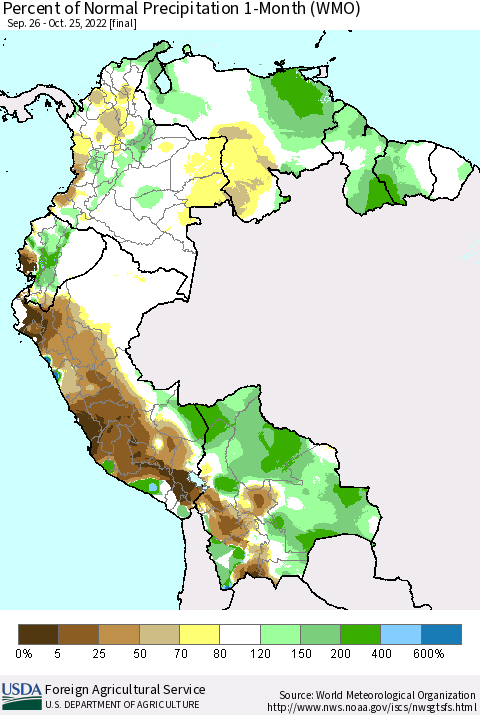 Northern South America Percent of Normal Precipitation 1-Month (WMO) Thematic Map For 9/26/2022 - 10/25/2022