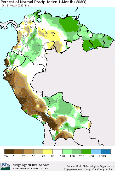 Northern South America Percent of Normal Precipitation 1-Month (WMO) Thematic Map For 10/6/2022 - 11/5/2022