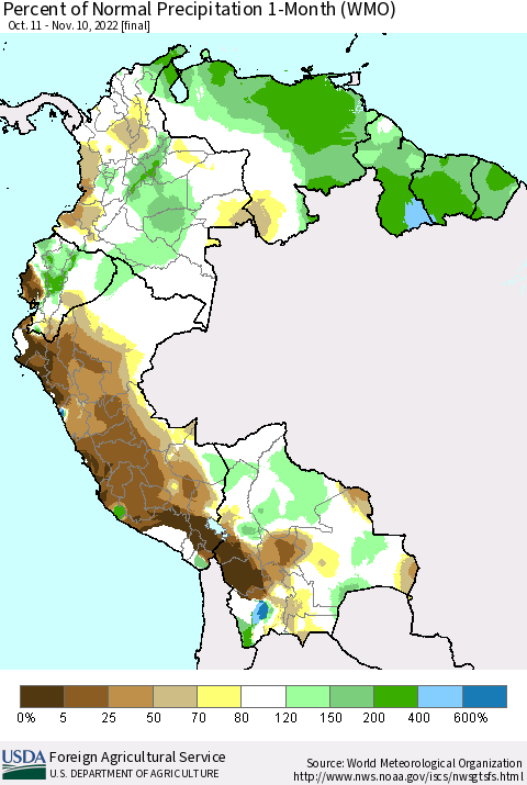 Northern South America Percent of Normal Precipitation 1-Month (WMO) Thematic Map For 10/11/2022 - 11/10/2022