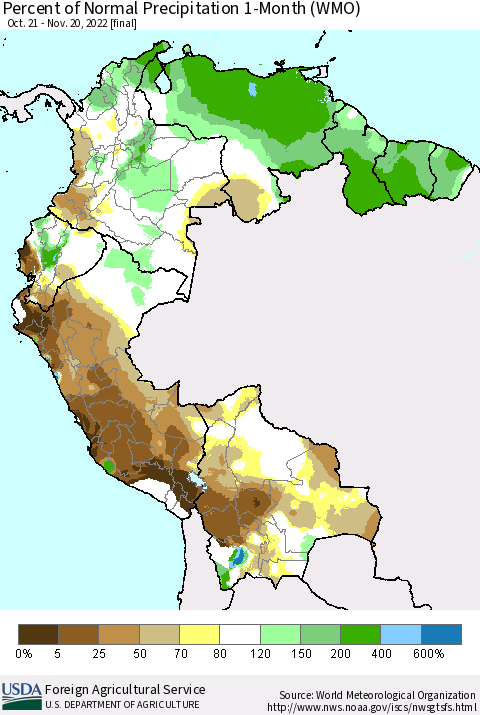 Northern South America Percent of Normal Precipitation 1-Month (WMO) Thematic Map For 10/21/2022 - 11/20/2022