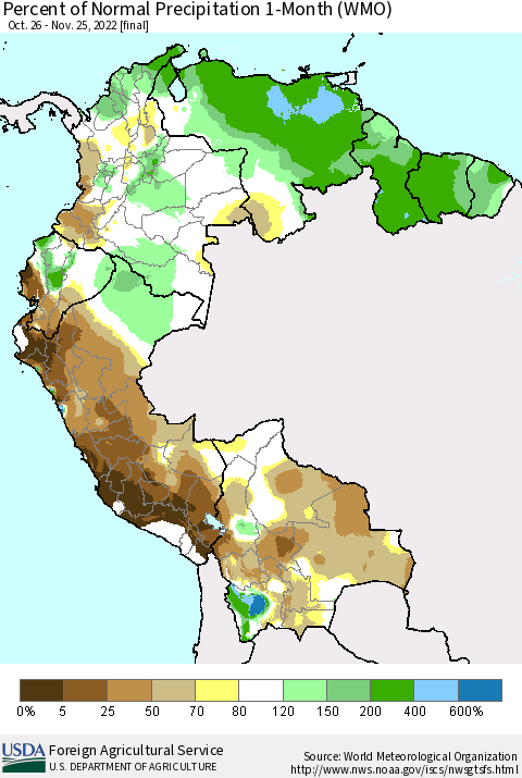 Northern South America Percent of Normal Precipitation 1-Month (WMO) Thematic Map For 10/26/2022 - 11/25/2022