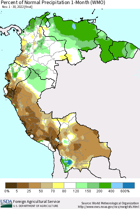 Northern South America Percent of Normal Precipitation 1-Month (WMO) Thematic Map For 11/1/2022 - 11/30/2022