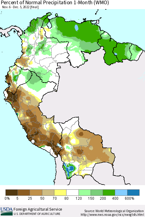 Northern South America Percent of Normal Precipitation 1-Month (WMO) Thematic Map For 11/6/2022 - 12/5/2022