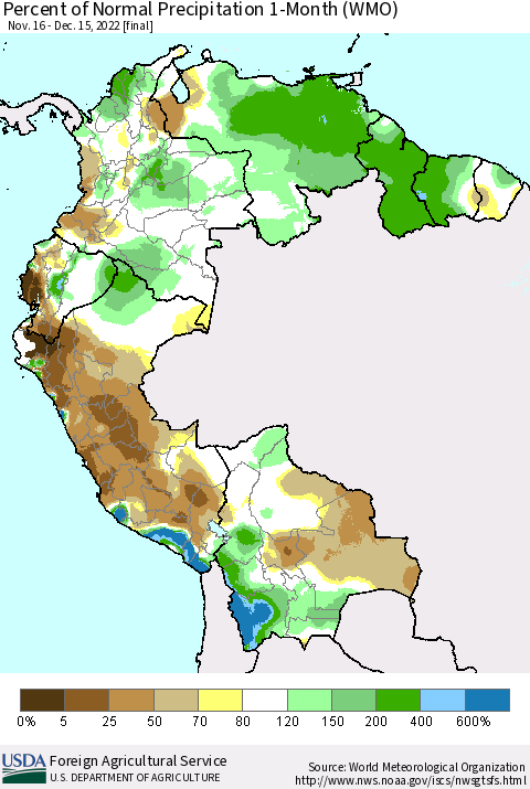 Northern South America Percent of Normal Precipitation 1-Month (WMO) Thematic Map For 11/16/2022 - 12/15/2022