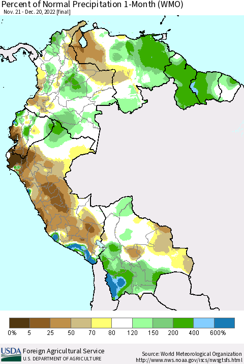 Northern South America Percent of Normal Precipitation 1-Month (WMO) Thematic Map For 11/21/2022 - 12/20/2022