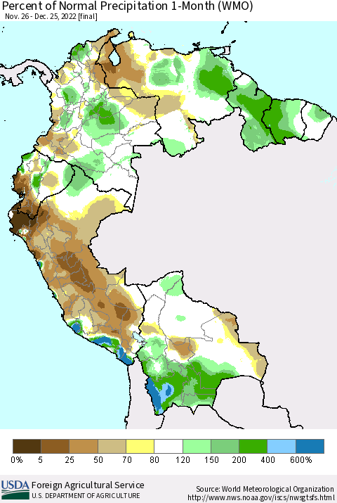 Northern South America Percent of Normal Precipitation 1-Month (WMO) Thematic Map For 11/26/2022 - 12/25/2022