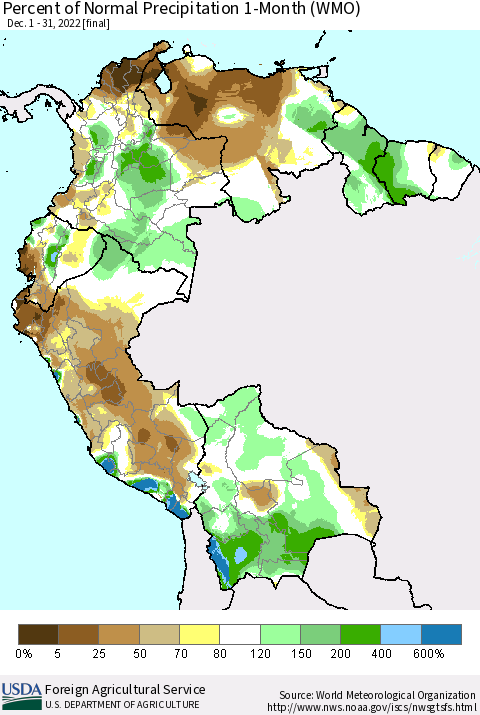 Northern South America Percent of Normal Precipitation 1-Month (WMO) Thematic Map For 12/1/2022 - 12/31/2022