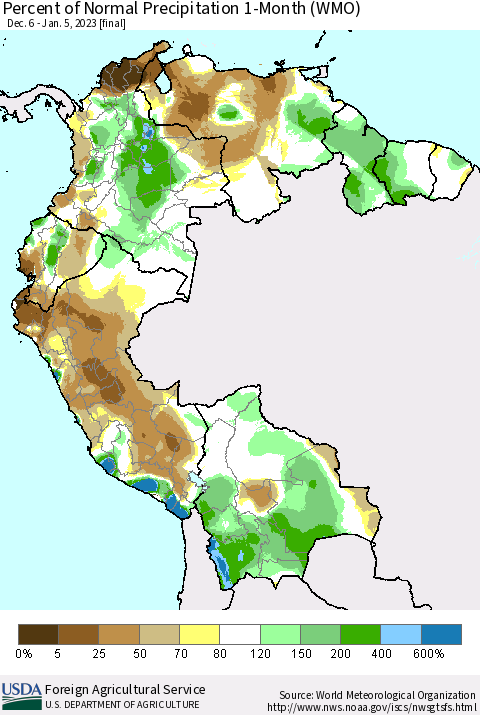 Northern South America Percent of Normal Precipitation 1-Month (WMO) Thematic Map For 12/6/2022 - 1/5/2023