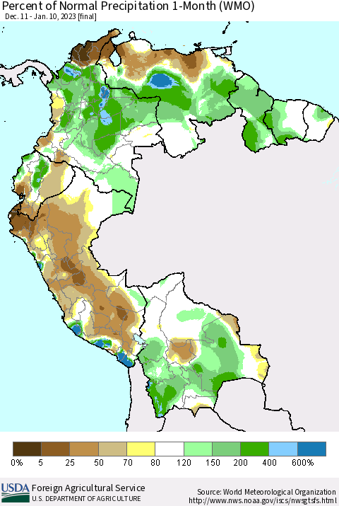 Northern South America Percent of Normal Precipitation 1-Month (WMO) Thematic Map For 12/11/2022 - 1/10/2023