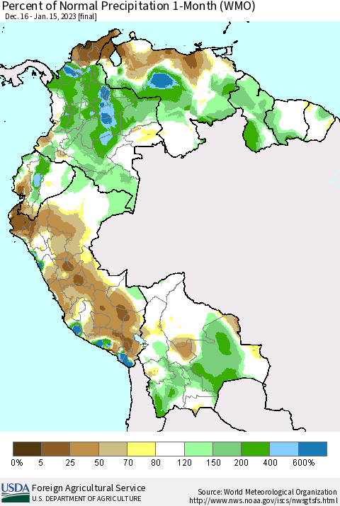 Northern South America Percent of Normal Precipitation 1-Month (WMO) Thematic Map For 12/16/2022 - 1/15/2023