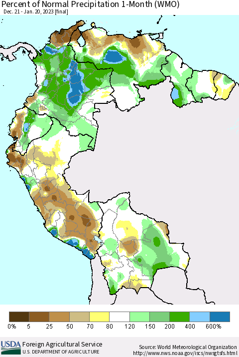 Northern South America Percent of Normal Precipitation 1-Month (WMO) Thematic Map For 12/21/2022 - 1/20/2023
