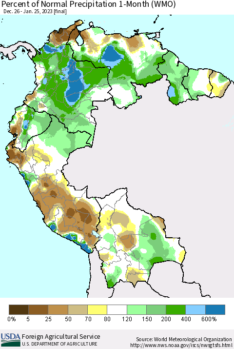 Northern South America Percent of Normal Precipitation 1-Month (WMO) Thematic Map For 12/26/2022 - 1/25/2023