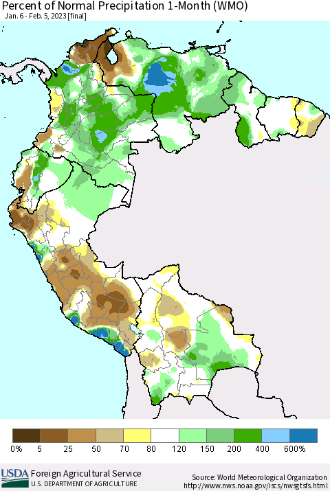 Northern South America Percent of Normal Precipitation 1-Month (WMO) Thematic Map For 1/6/2023 - 2/5/2023