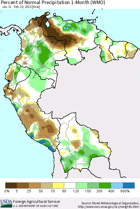 Northern South America Percent of Normal Precipitation 1-Month (WMO) Thematic Map For 1/11/2023 - 2/10/2023