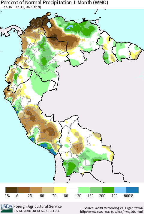 Northern South America Percent of Normal Precipitation 1-Month (WMO) Thematic Map For 1/16/2023 - 2/15/2023