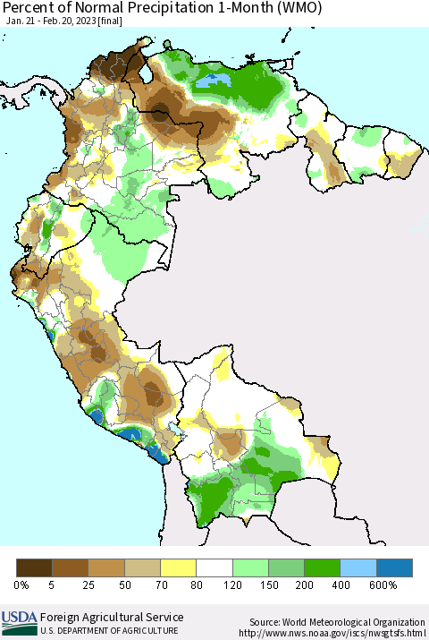 Northern South America Percent of Normal Precipitation 1-Month (WMO) Thematic Map For 1/21/2023 - 2/20/2023