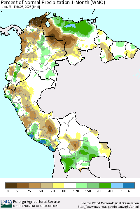 Northern South America Percent of Normal Precipitation 1-Month (WMO) Thematic Map For 1/26/2023 - 2/25/2023