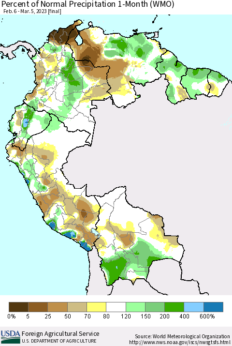 Northern South America Percent of Normal Precipitation 1-Month (WMO) Thematic Map For 2/6/2023 - 3/5/2023