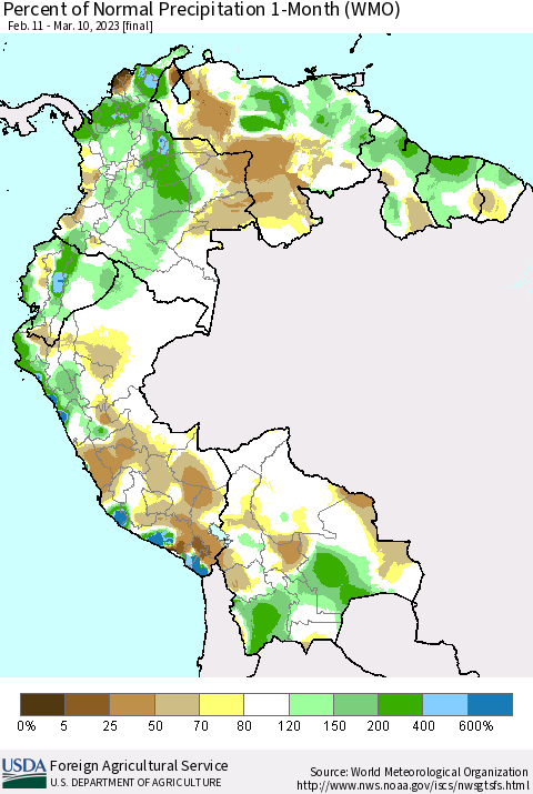 Northern South America Percent of Normal Precipitation 1-Month (WMO) Thematic Map For 2/11/2023 - 3/10/2023